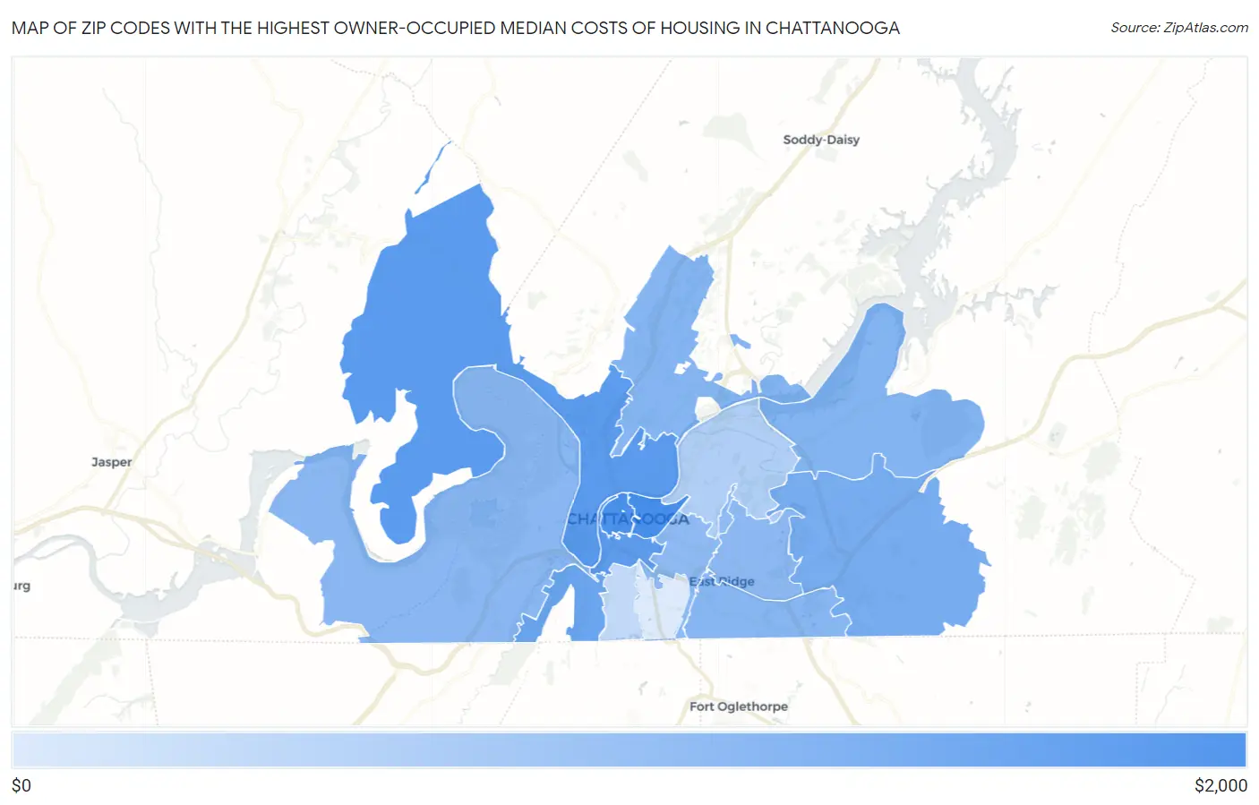 Zip Codes with the Highest Owner-Occupied Median Costs of Housing in Chattanooga Map