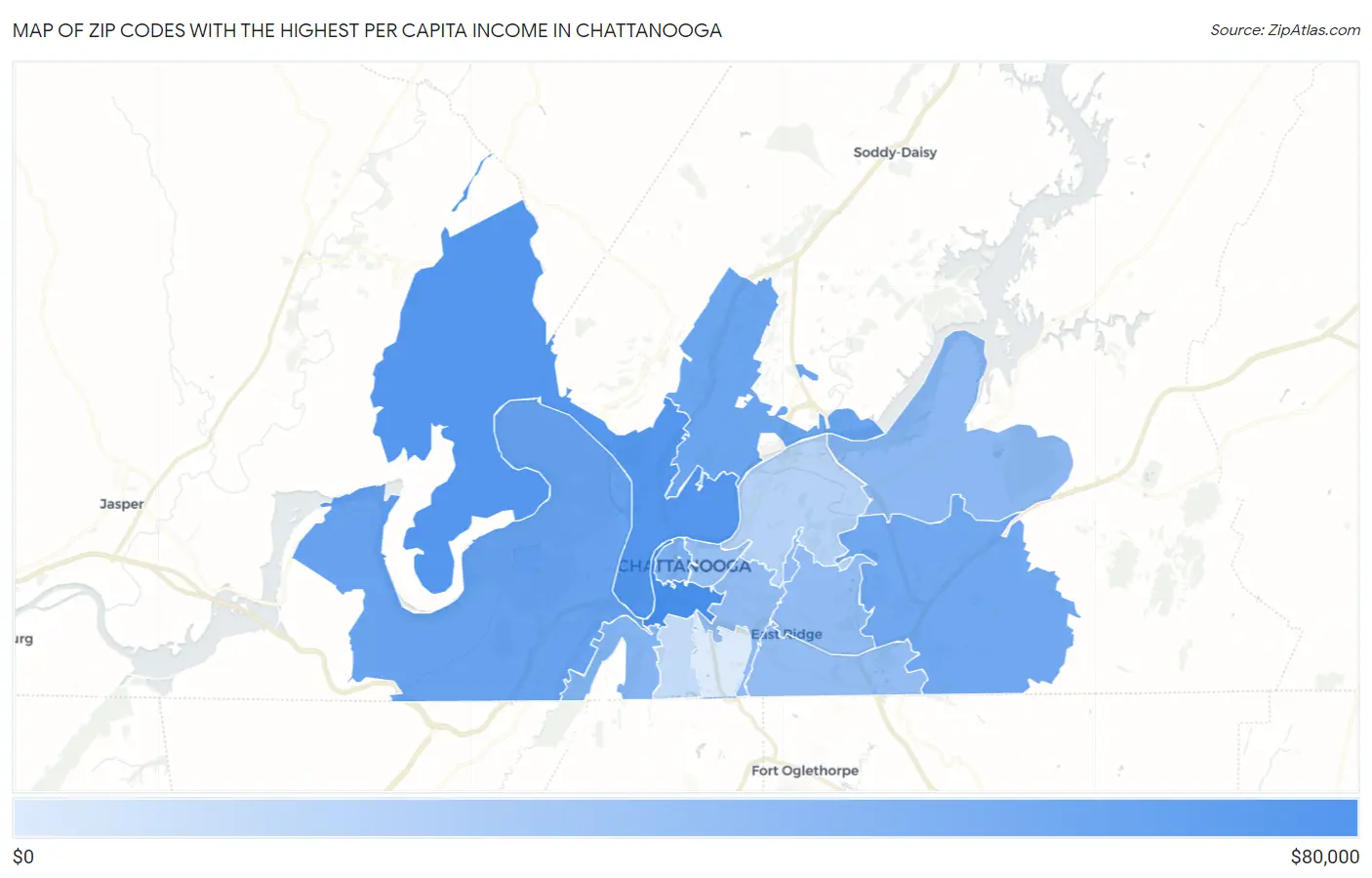 Zip Codes with the Highest Per Capita Income in Chattanooga Map