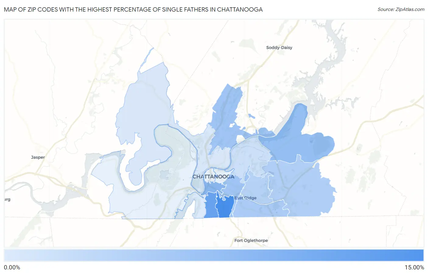 Zip Codes with the Highest Percentage of Single Fathers in Chattanooga Map