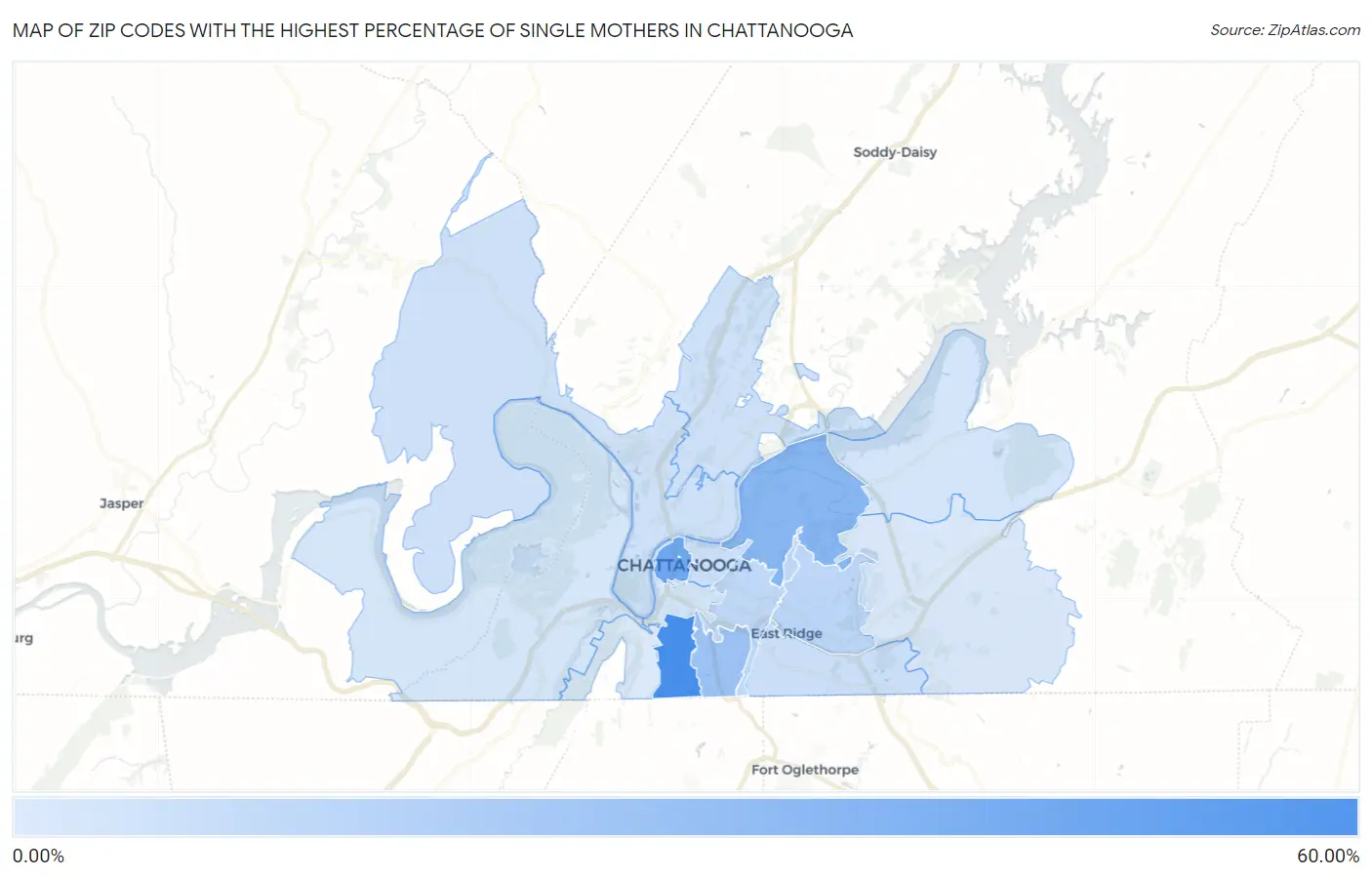 Zip Codes with the Highest Percentage of Single Mothers in Chattanooga Map