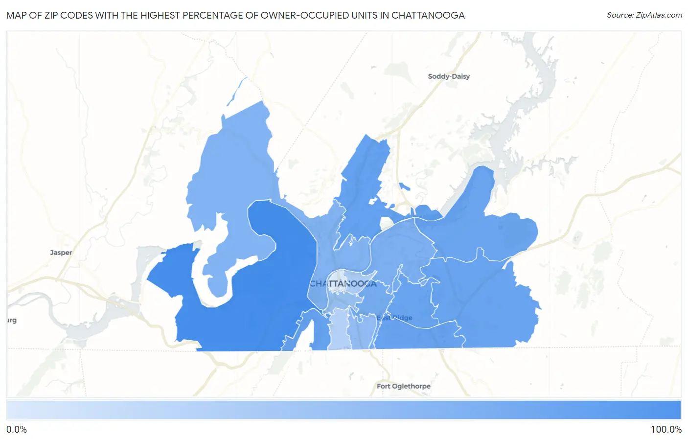 Zip Codes with the Highest Percentage of Owner-Occupied Units in Chattanooga Map