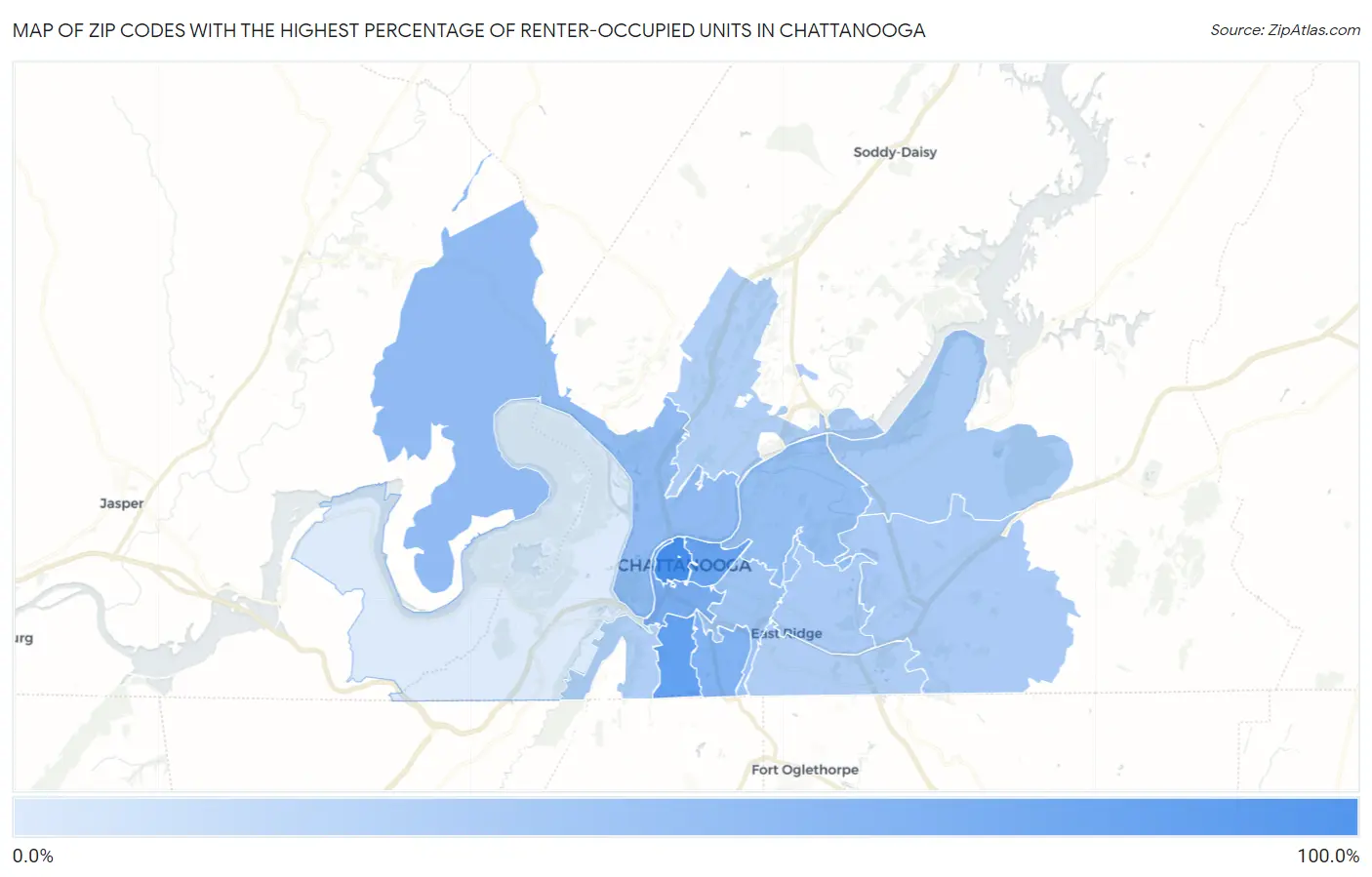 Zip Codes with the Highest Percentage of Renter-Occupied Units in Chattanooga Map