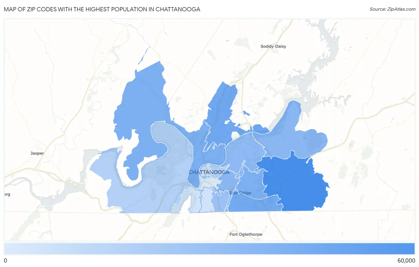 Zip Codes with the Highest Population in Chattanooga Map