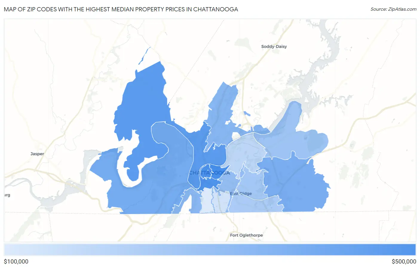 Zip Codes with the Highest Median Property Prices in Chattanooga Map
