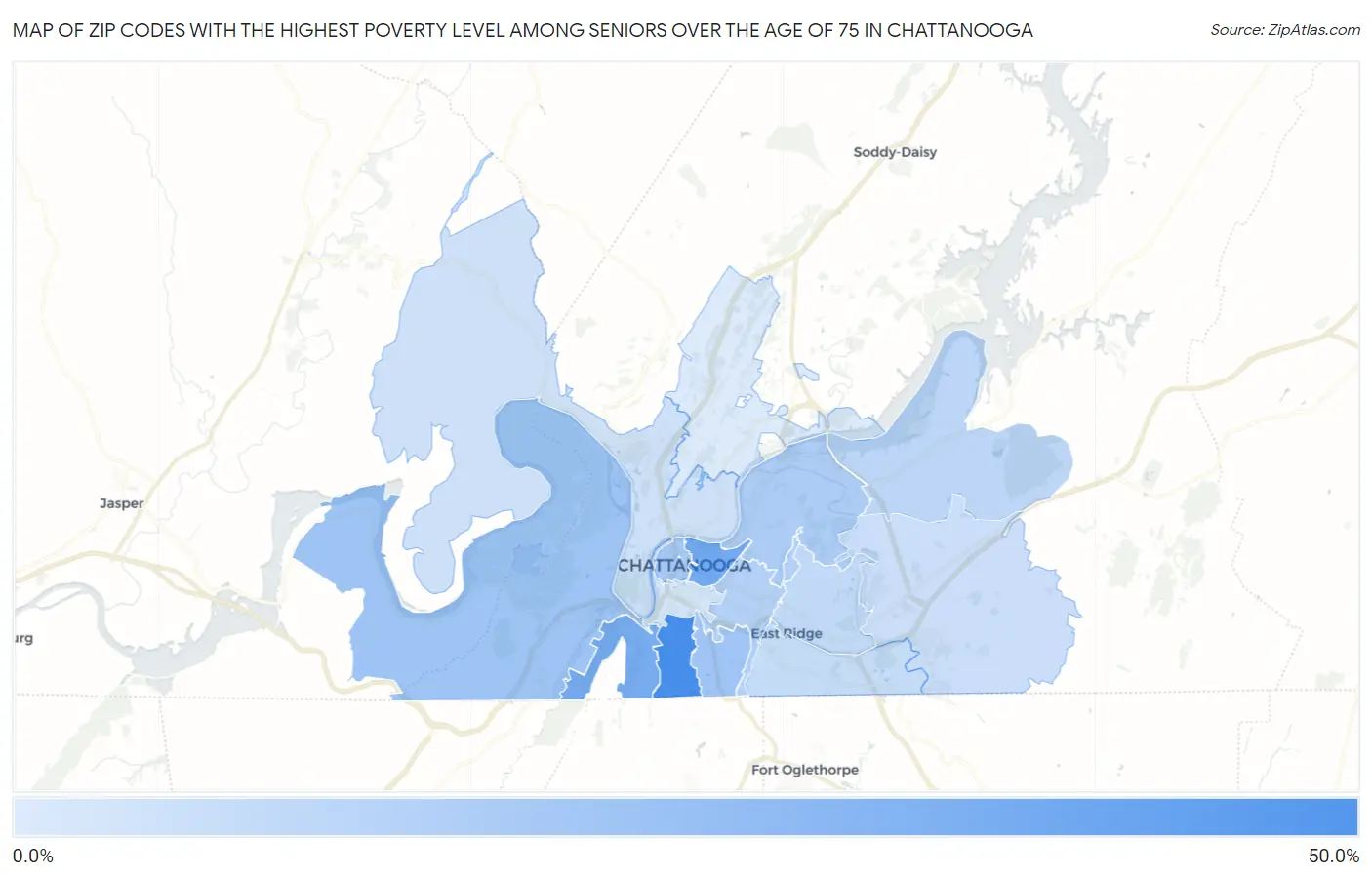 Zip Codes with the Highest Poverty Level Among Seniors Over the Age of 75 in Chattanooga Map