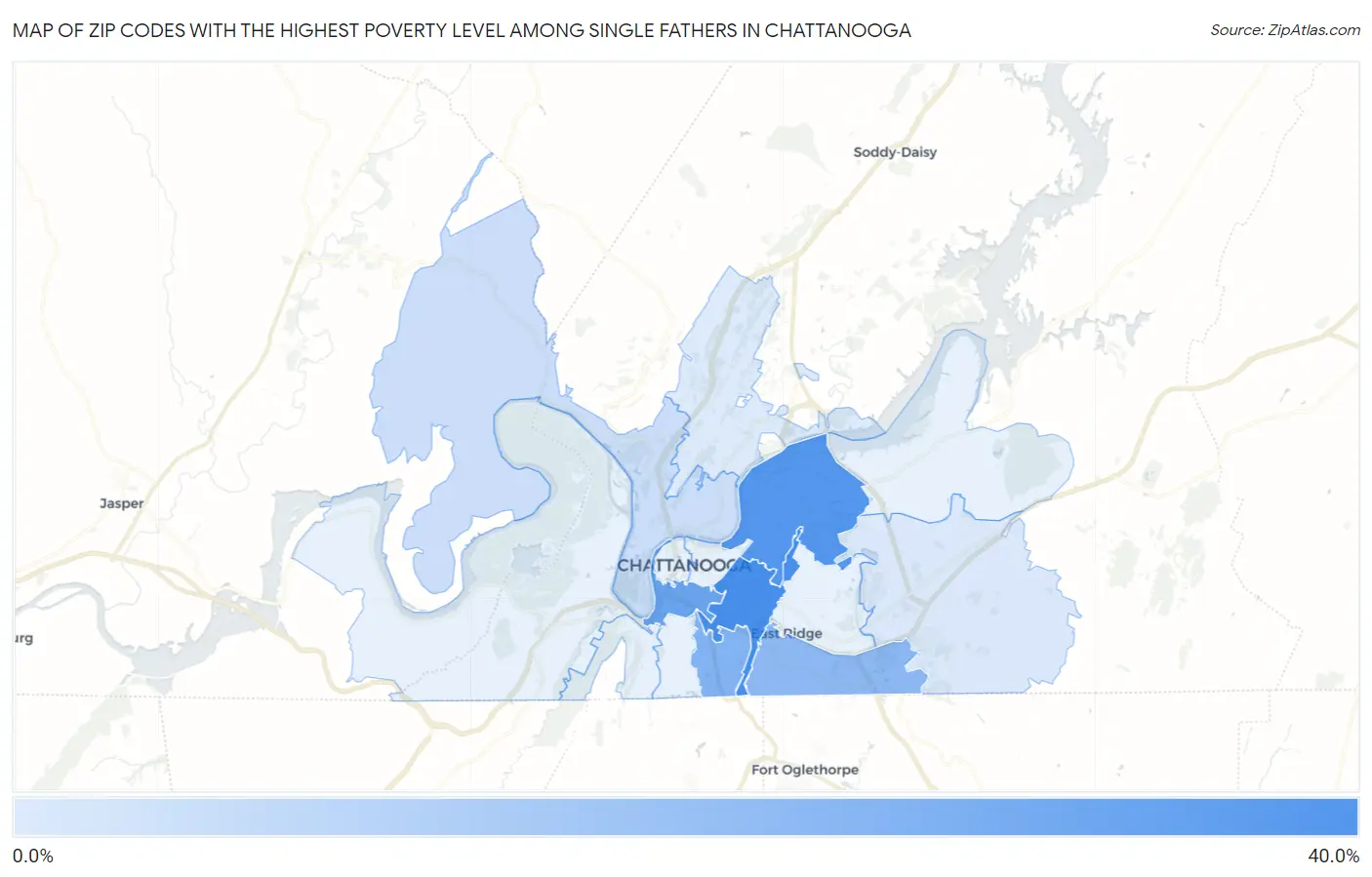 Zip Codes with the Highest Poverty Level Among Single Fathers in Chattanooga Map