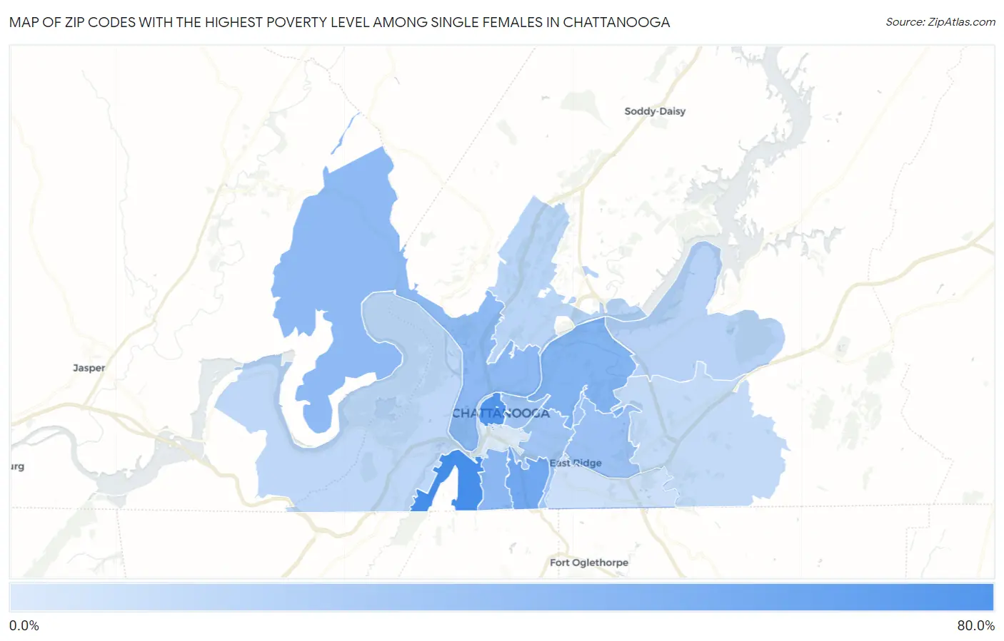 Zip Codes with the Highest Poverty Level Among Single Females in Chattanooga Map