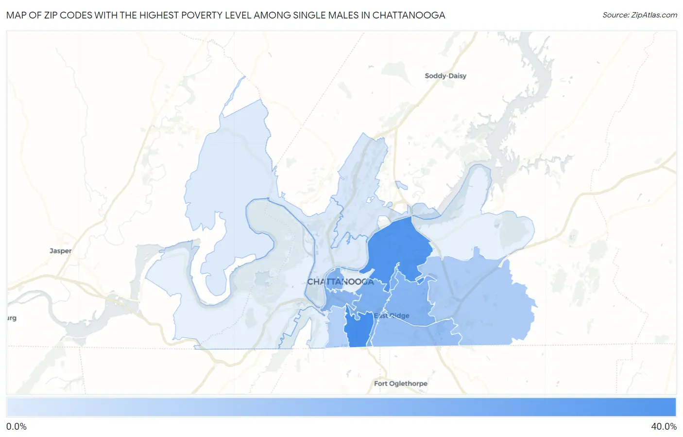 Zip Codes with the Highest Poverty Level Among Single Males in Chattanooga Map