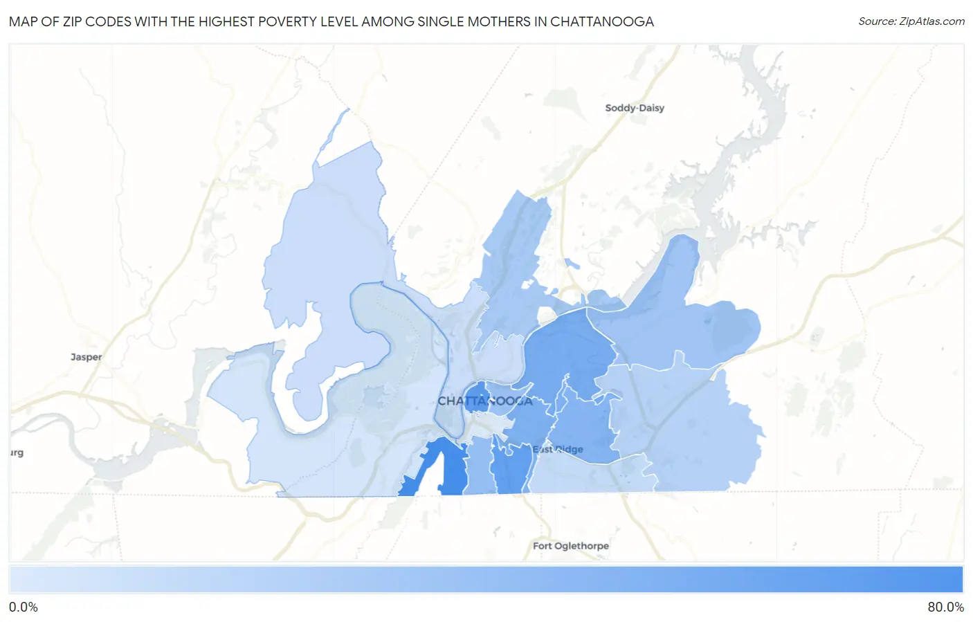 Zip Codes with the Highest Poverty Level Among Single Mothers in Chattanooga Map