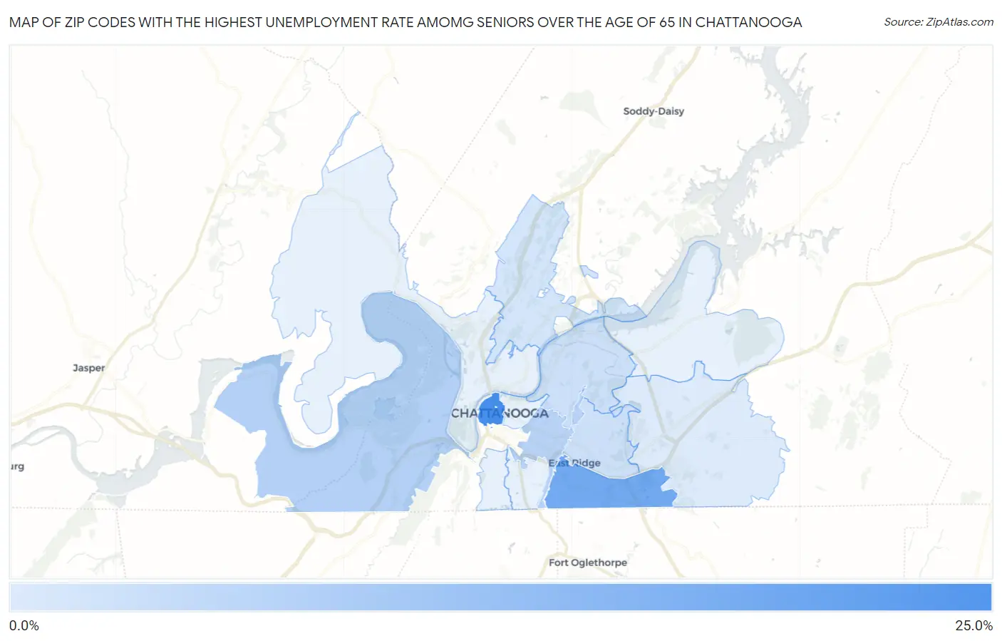 Zip Codes with the Highest Unemployment Rate Amomg Seniors Over the Age of 65 in Chattanooga Map