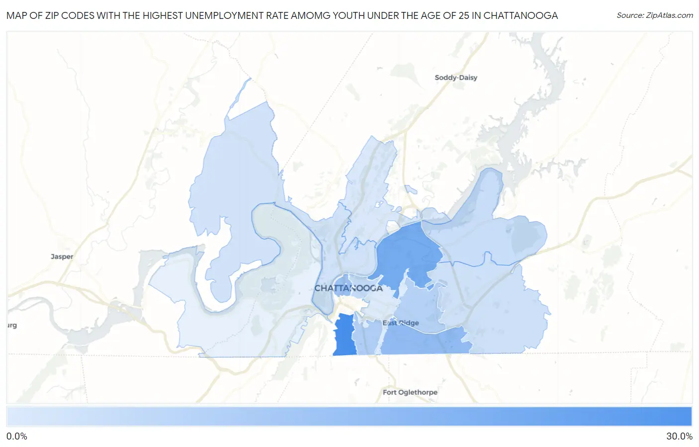 Zip Codes with the Highest Unemployment Rate Amomg Youth Under the Age of 25 in Chattanooga Map