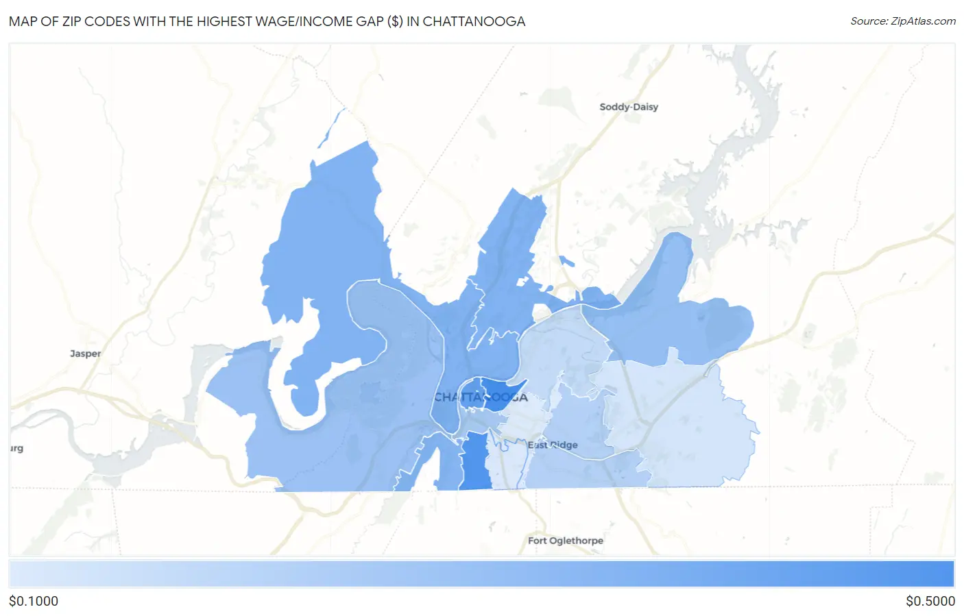 Zip Codes with the Highest Wage/Income Gap ($) in Chattanooga Map