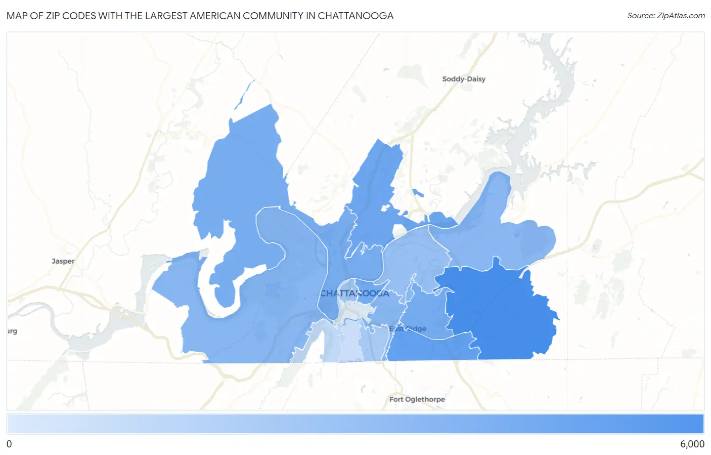 Zip Codes with the Largest American Community in Chattanooga Map