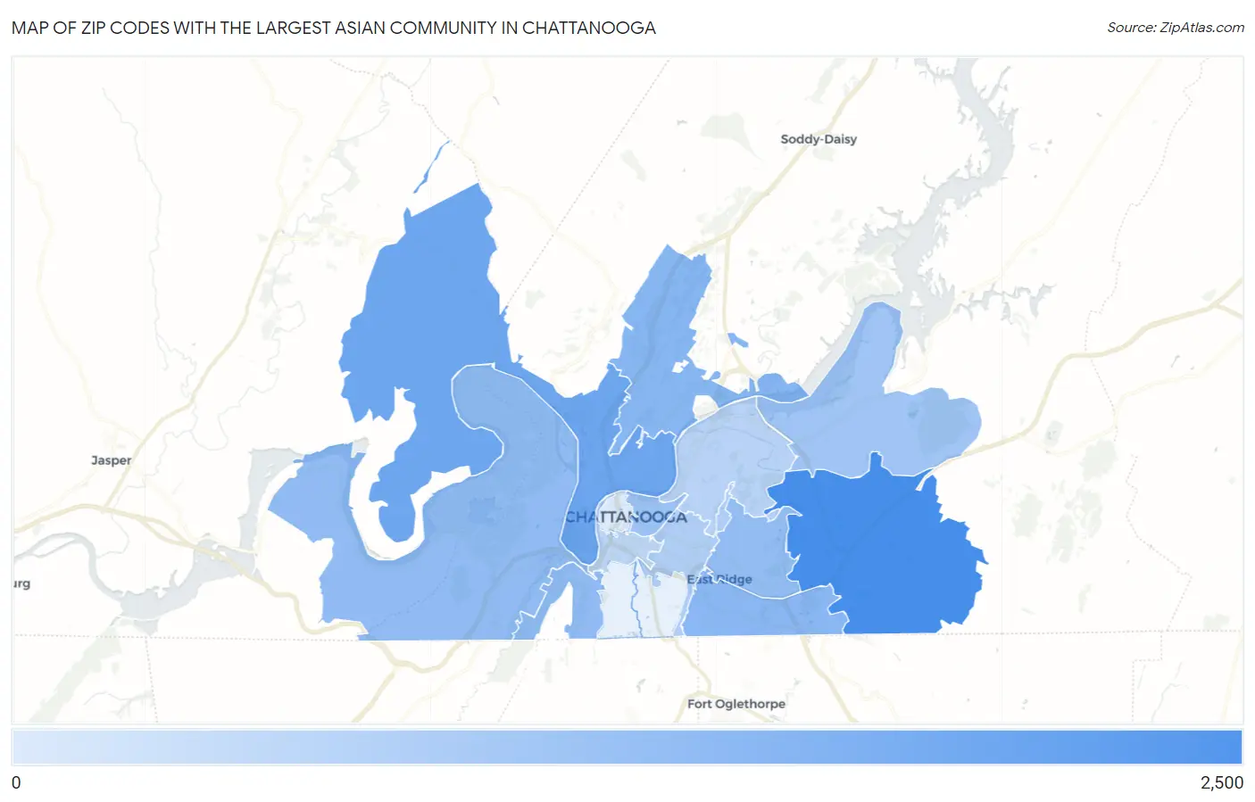 Zip Codes with the Largest Asian Community in Chattanooga Map