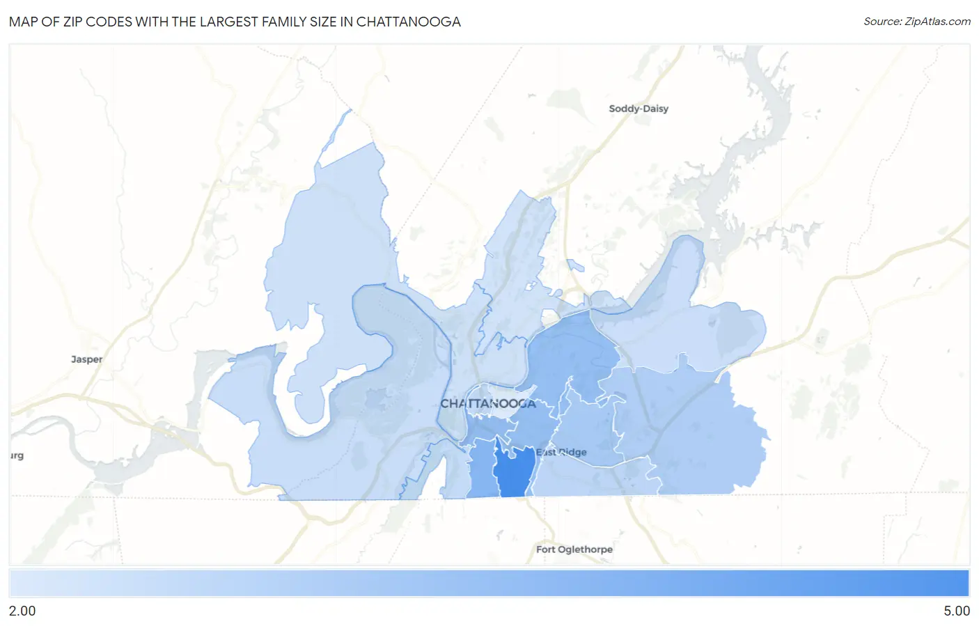 Zip Codes with the Largest Family Size in Chattanooga Map