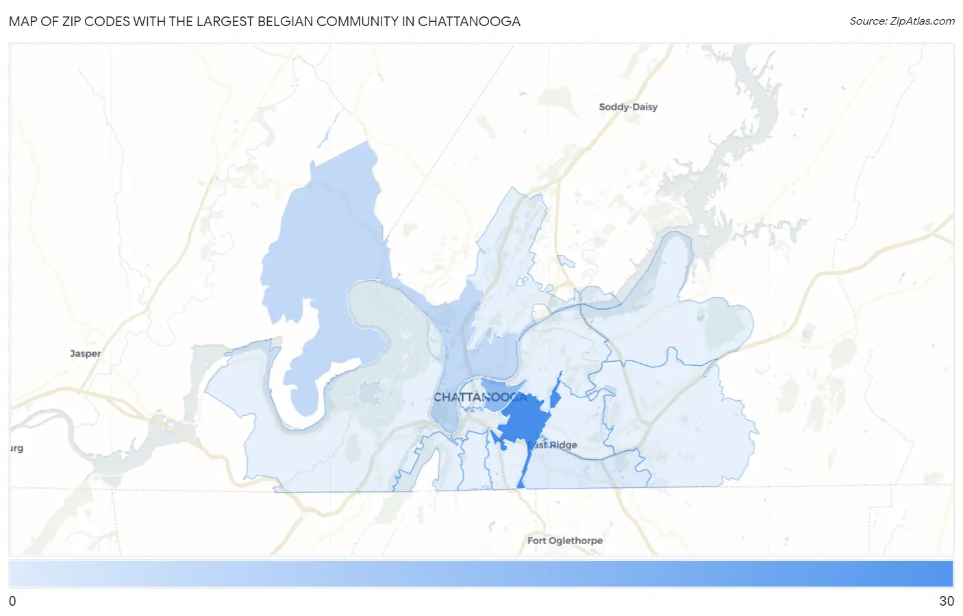 Zip Codes with the Largest Belgian Community in Chattanooga Map
