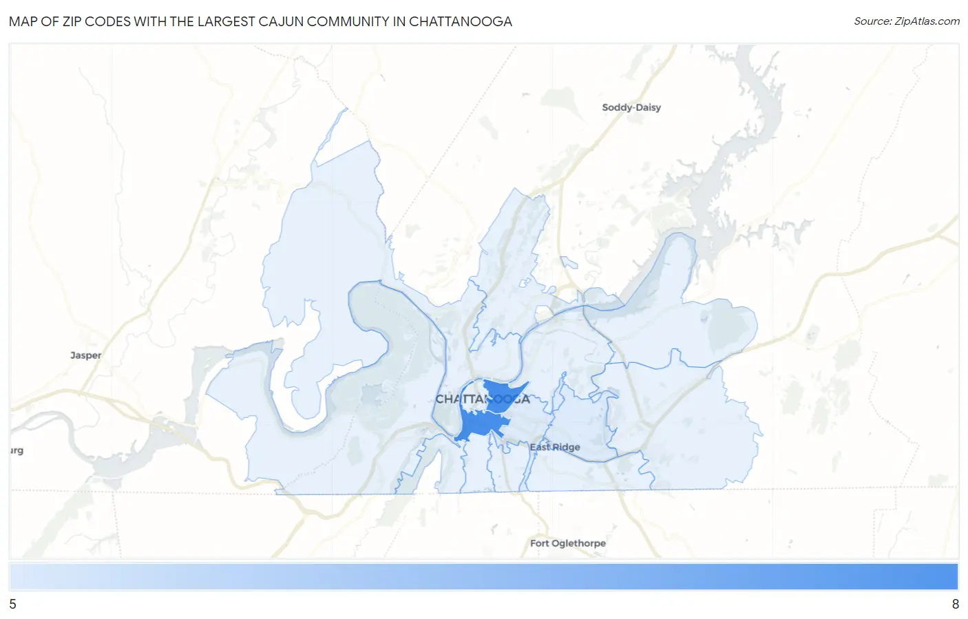 Zip Codes with the Largest Cajun Community in Chattanooga Map