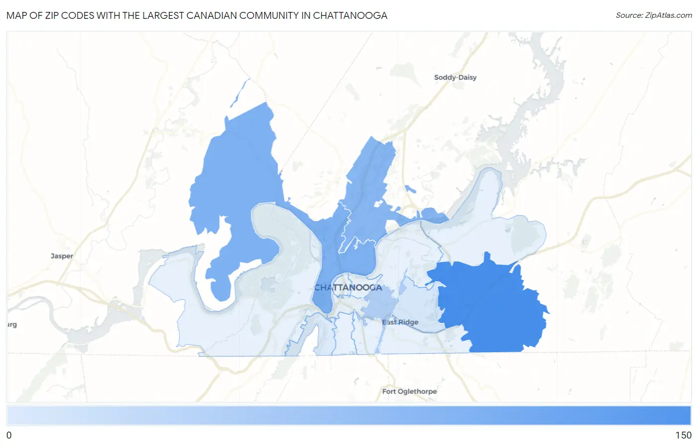 Zip Codes with the Largest Canadian Community in Chattanooga Map