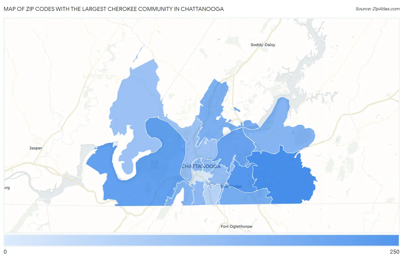 Zip Codes with the Largest Cherokee Community in Chattanooga Map