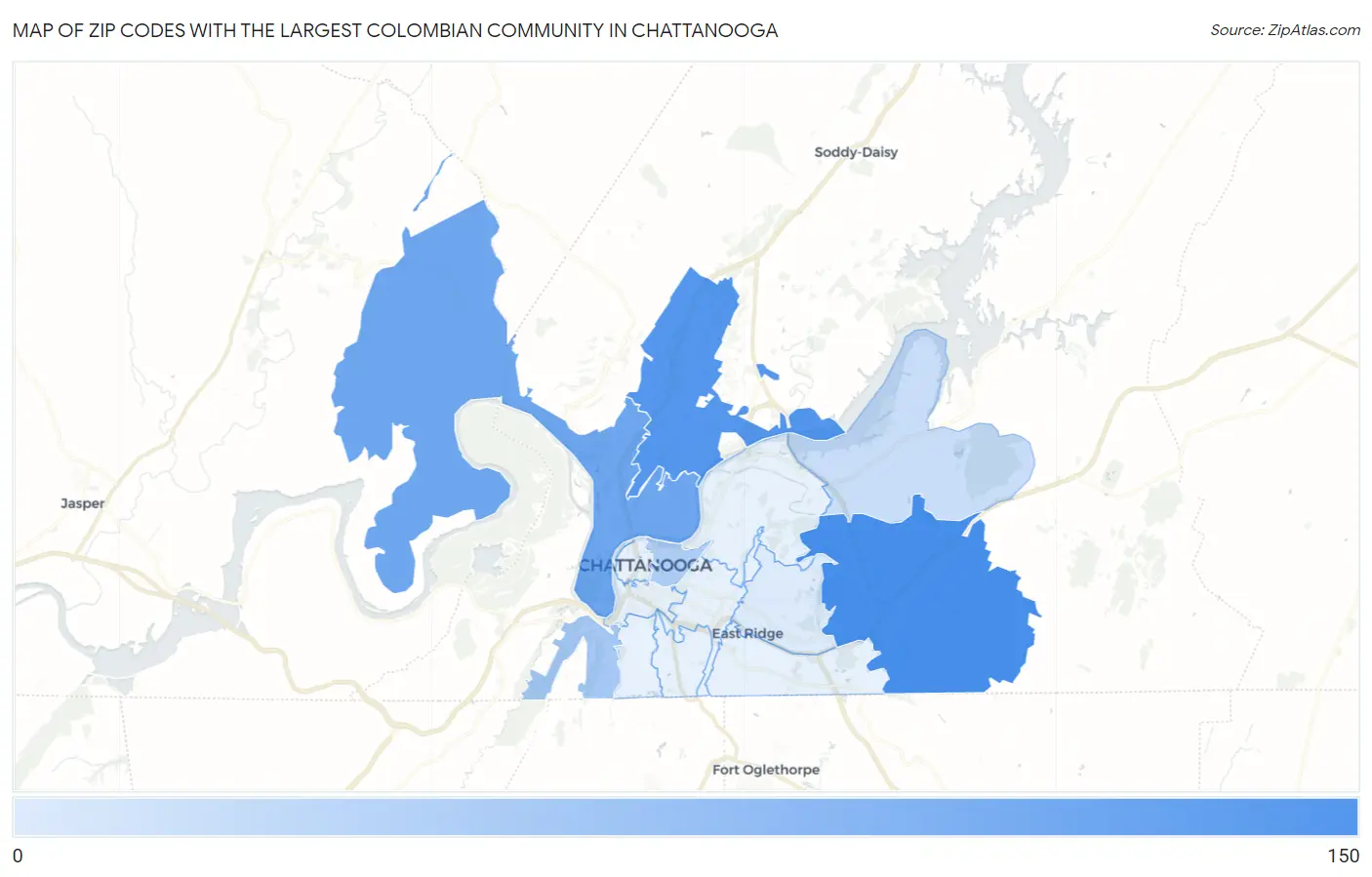 Zip Codes with the Largest Colombian Community in Chattanooga Map