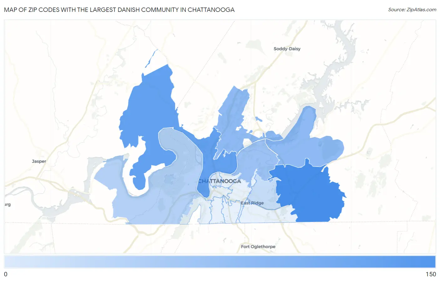 Zip Codes with the Largest Danish Community in Chattanooga Map