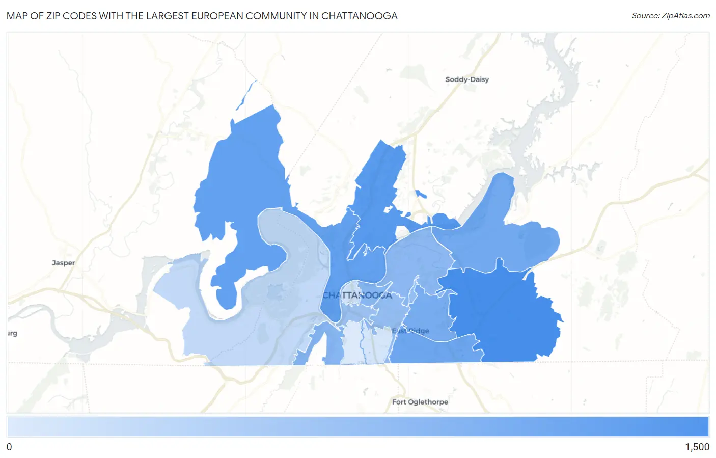 Zip Codes with the Largest European Community in Chattanooga Map