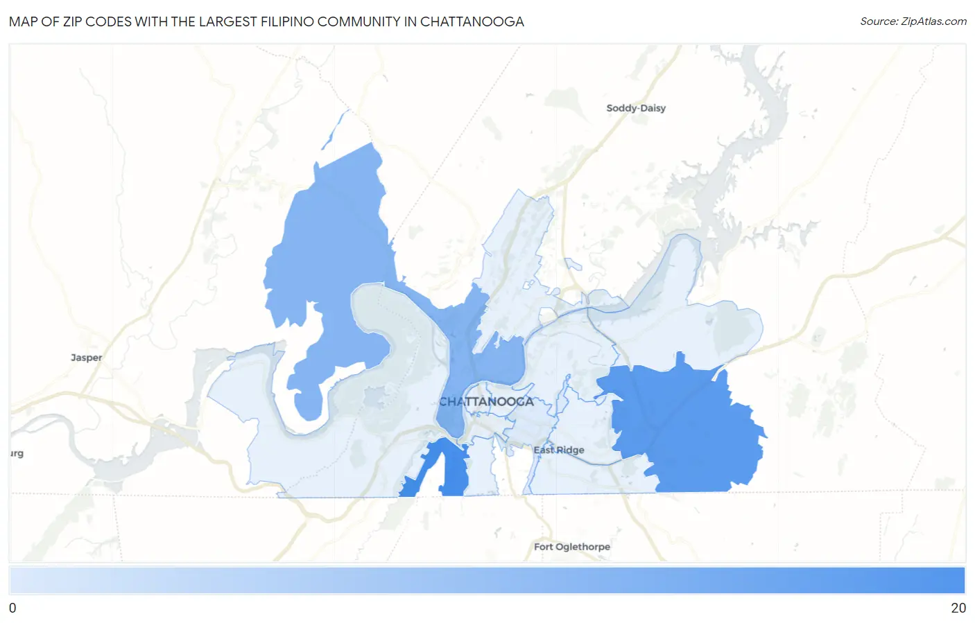 Zip Codes with the Largest Filipino Community in Chattanooga Map