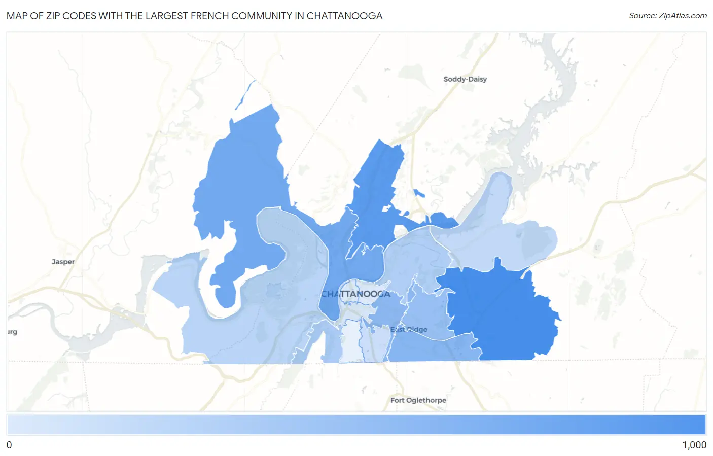 Zip Codes with the Largest French Community in Chattanooga Map