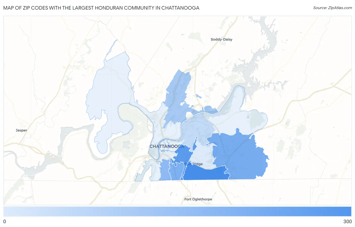 Zip Codes with the Largest Honduran Community in Chattanooga Map