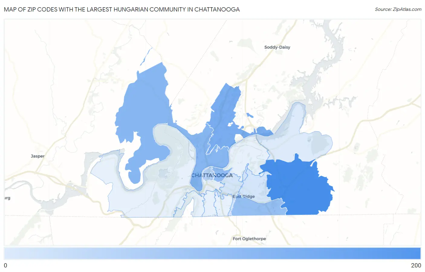 Zip Codes with the Largest Hungarian Community in Chattanooga Map