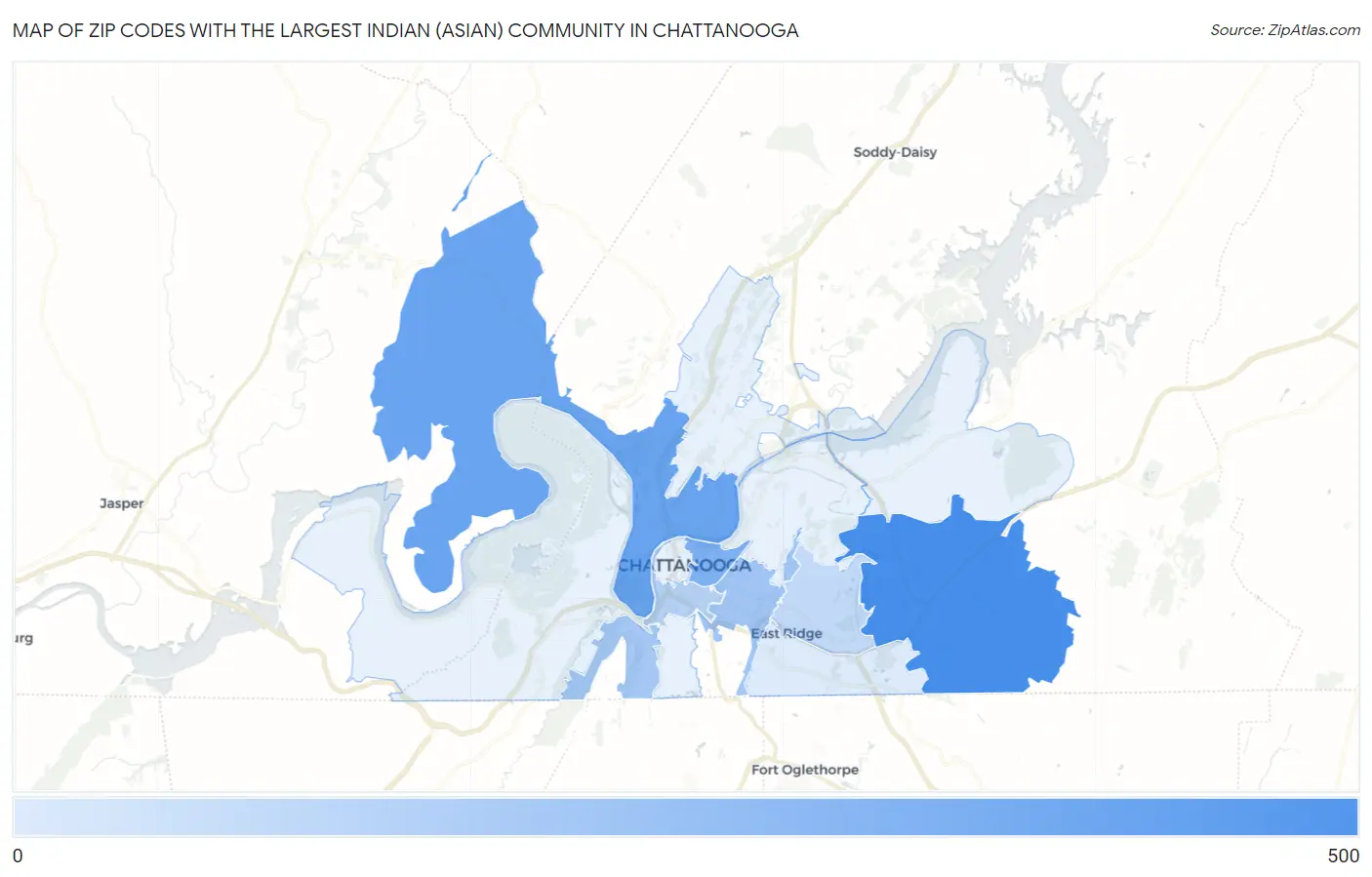 Zip Codes with the Largest Indian (Asian) Community in Chattanooga Map