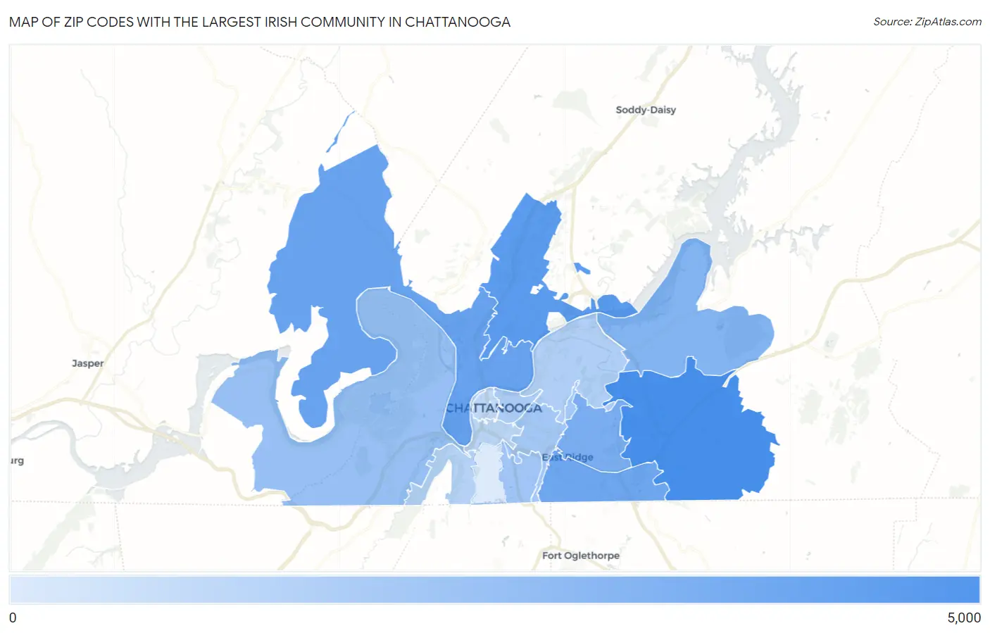 Zip Codes with the Largest Irish Community in Chattanooga Map