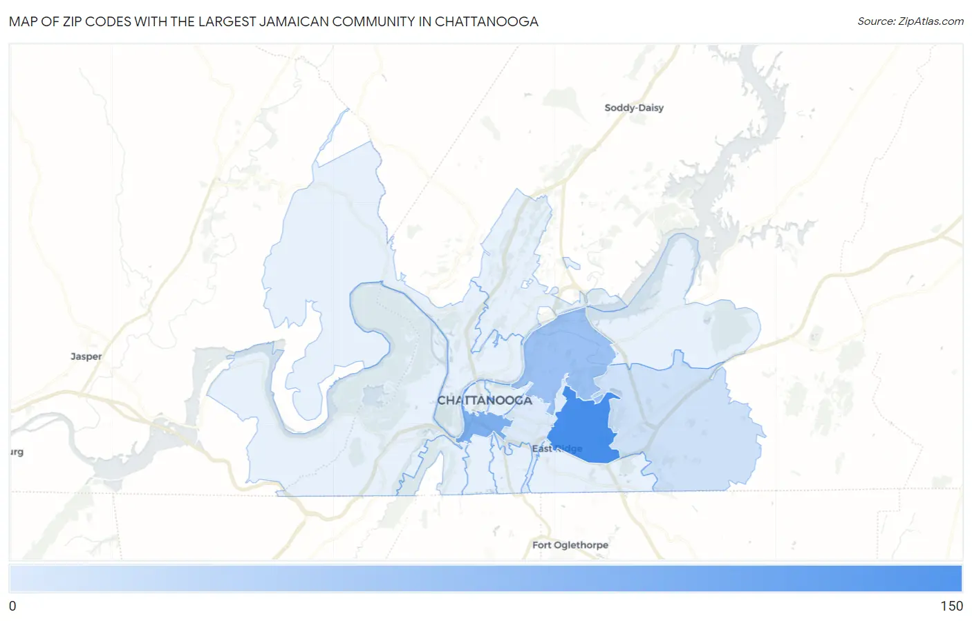 Zip Codes with the Largest Jamaican Community in Chattanooga Map