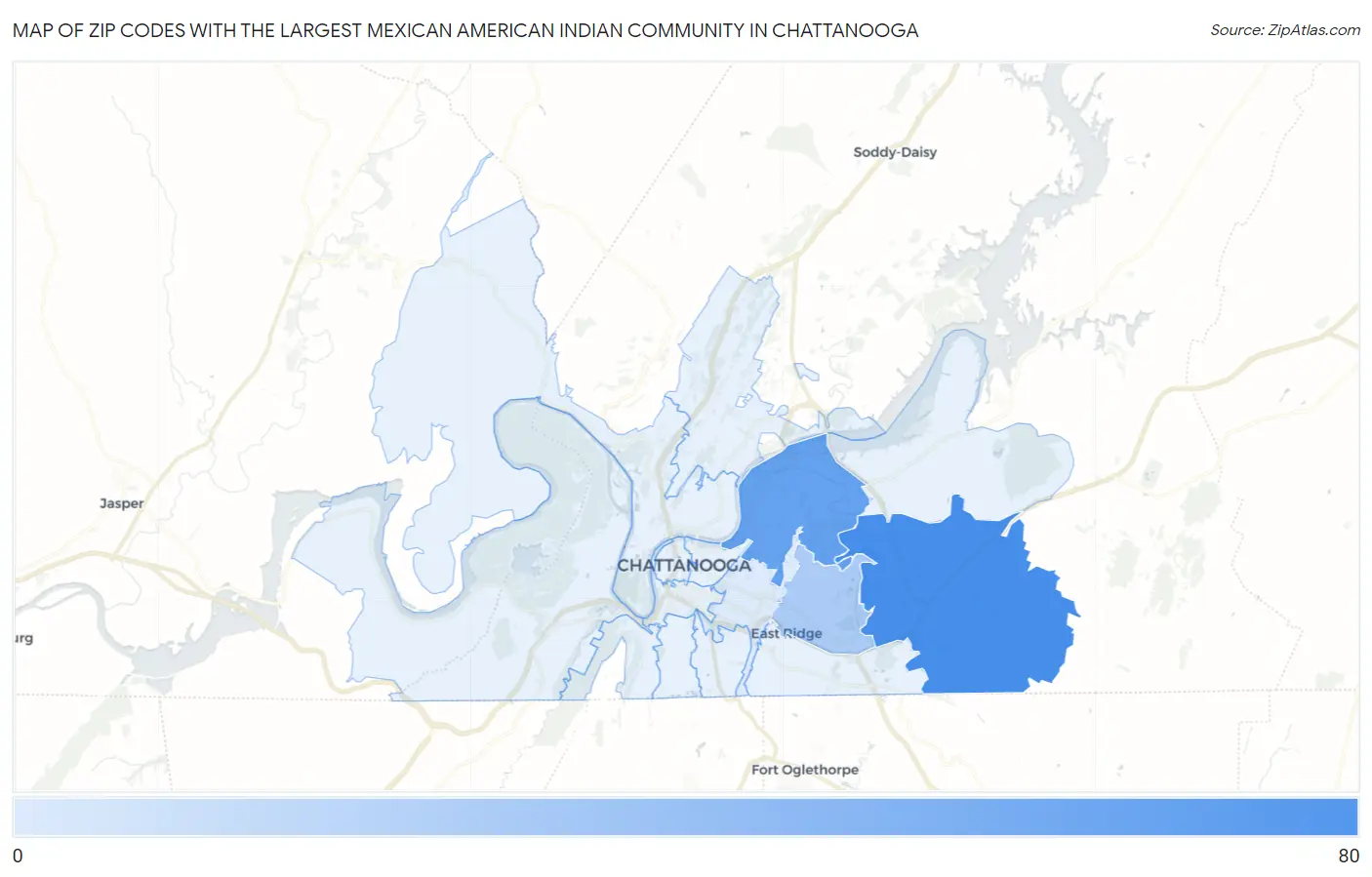 Zip Codes with the Largest Mexican American Indian Community in Chattanooga Map