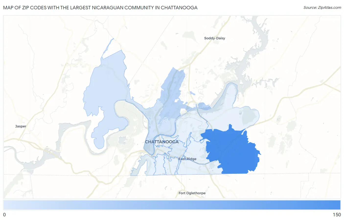 Zip Codes with the Largest Nicaraguan Community in Chattanooga Map