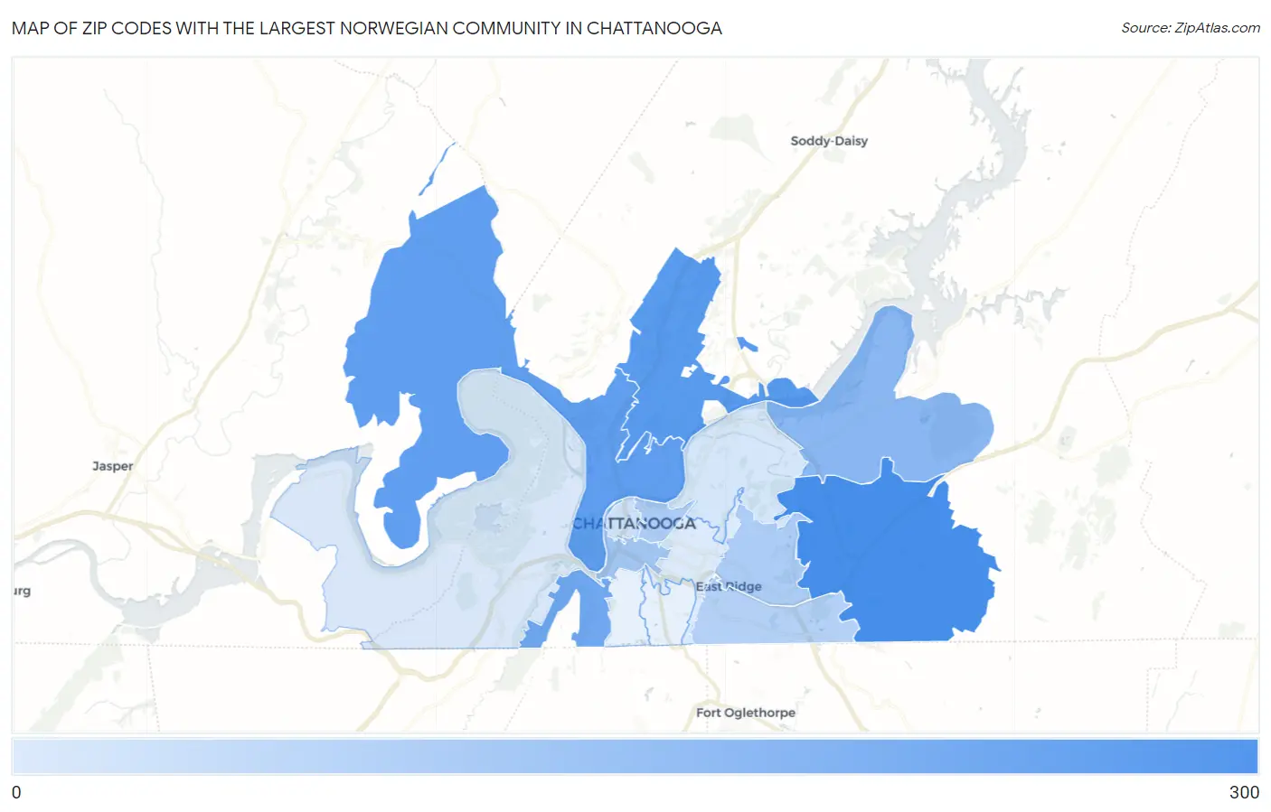 Zip Codes with the Largest Norwegian Community in Chattanooga Map