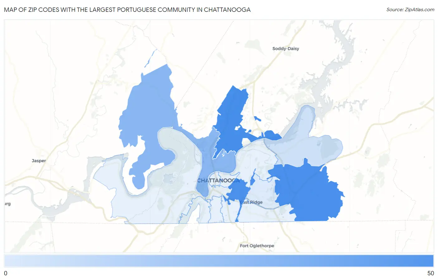Zip Codes with the Largest Portuguese Community in Chattanooga Map