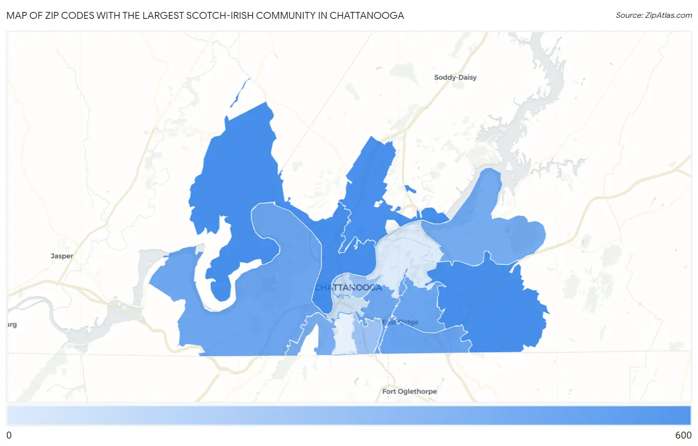 Zip Codes with the Largest Scotch-Irish Community in Chattanooga Map