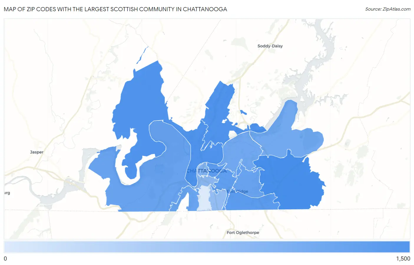 Zip Codes with the Largest Scottish Community in Chattanooga Map