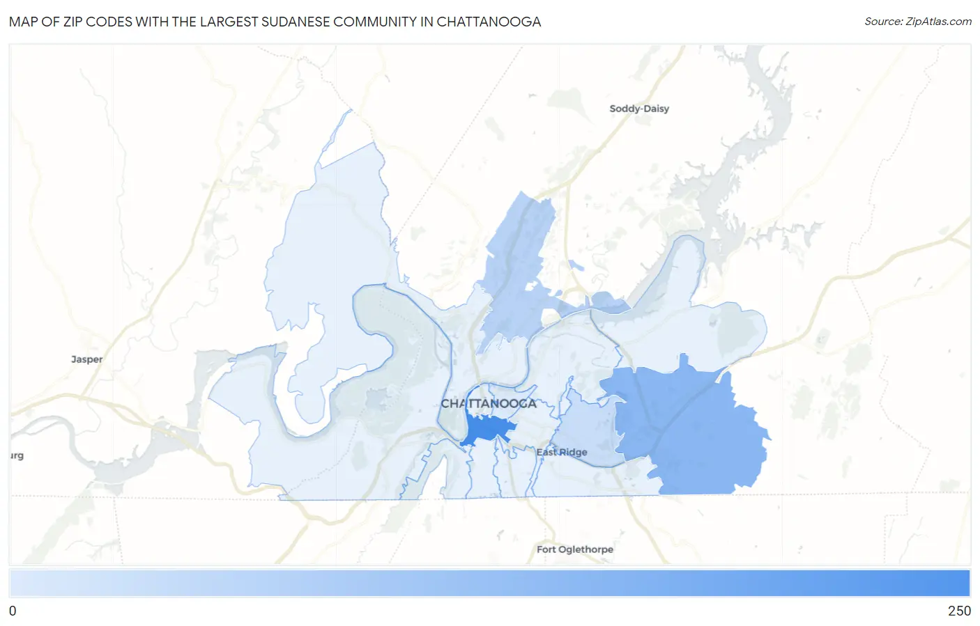 Zip Codes with the Largest Sudanese Community in Chattanooga Map