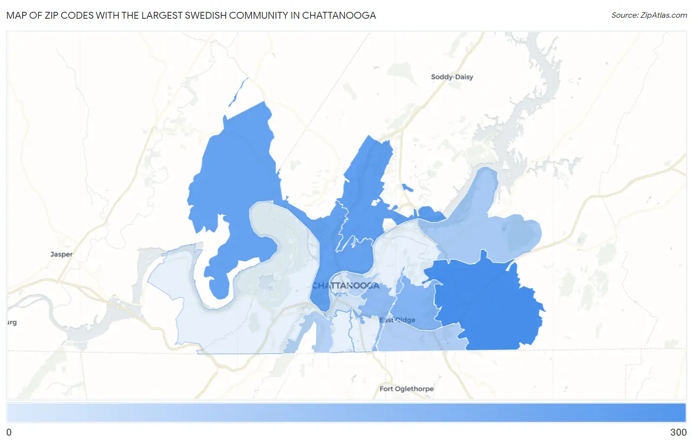 Zip Codes with the Largest Swedish Community in Chattanooga Map