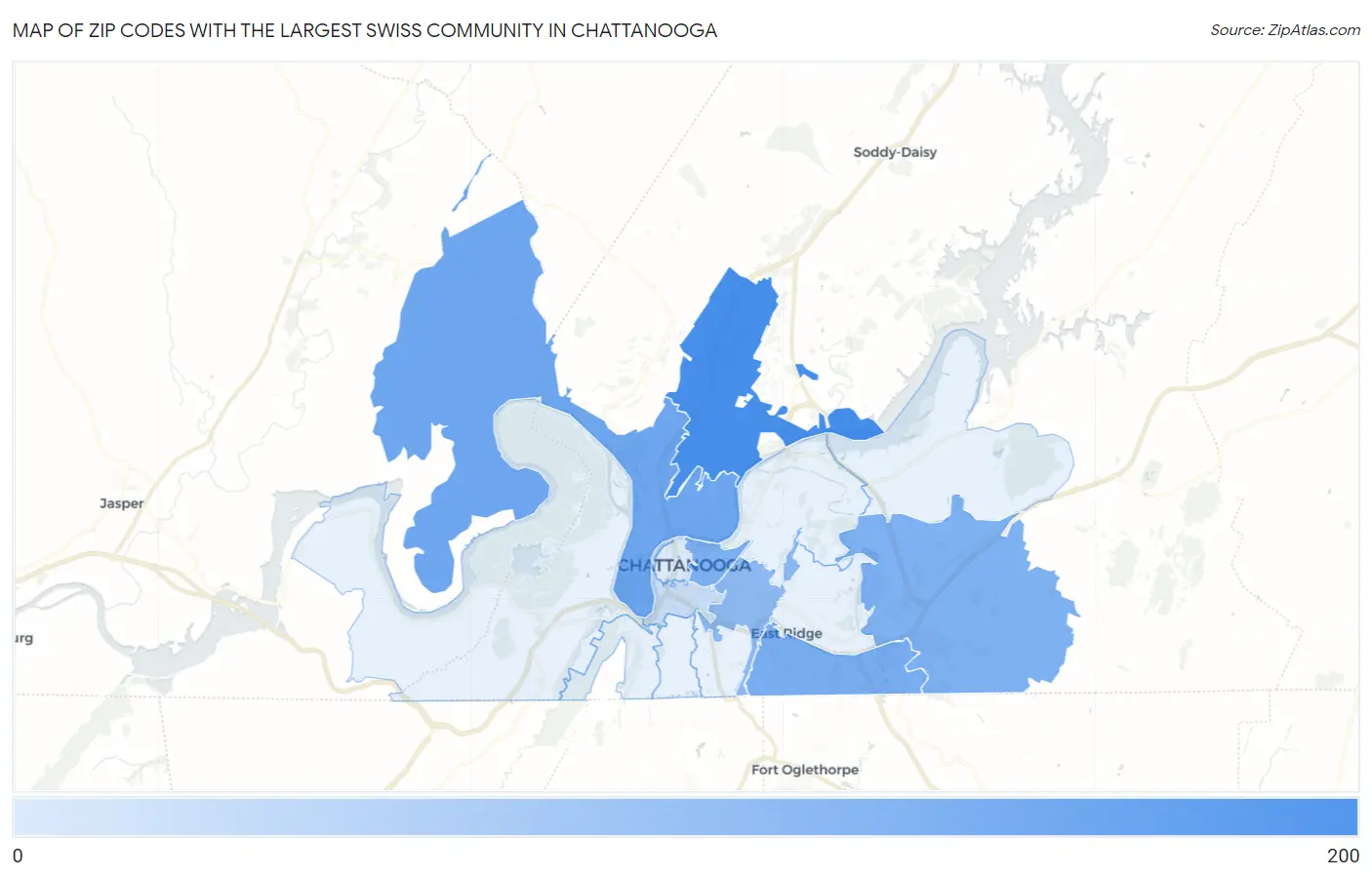 Zip Codes with the Largest Swiss Community in Chattanooga Map