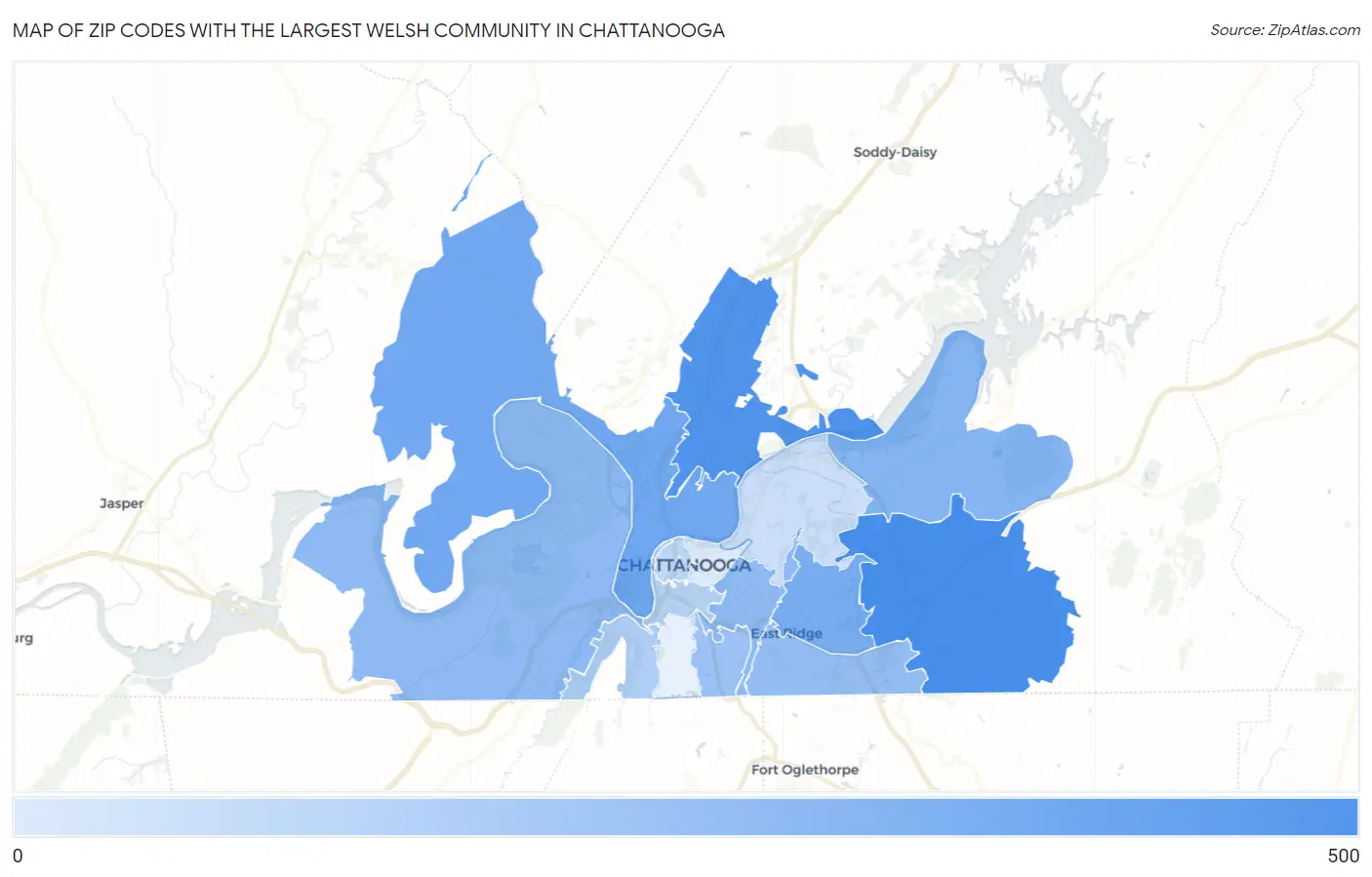 Zip Codes with the Largest Welsh Community in Chattanooga Map