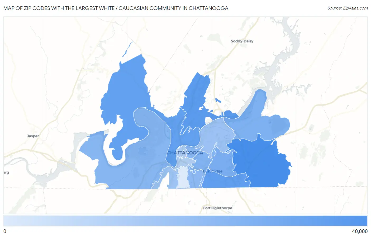 Zip Codes with the Largest White / Caucasian Community in Chattanooga Map