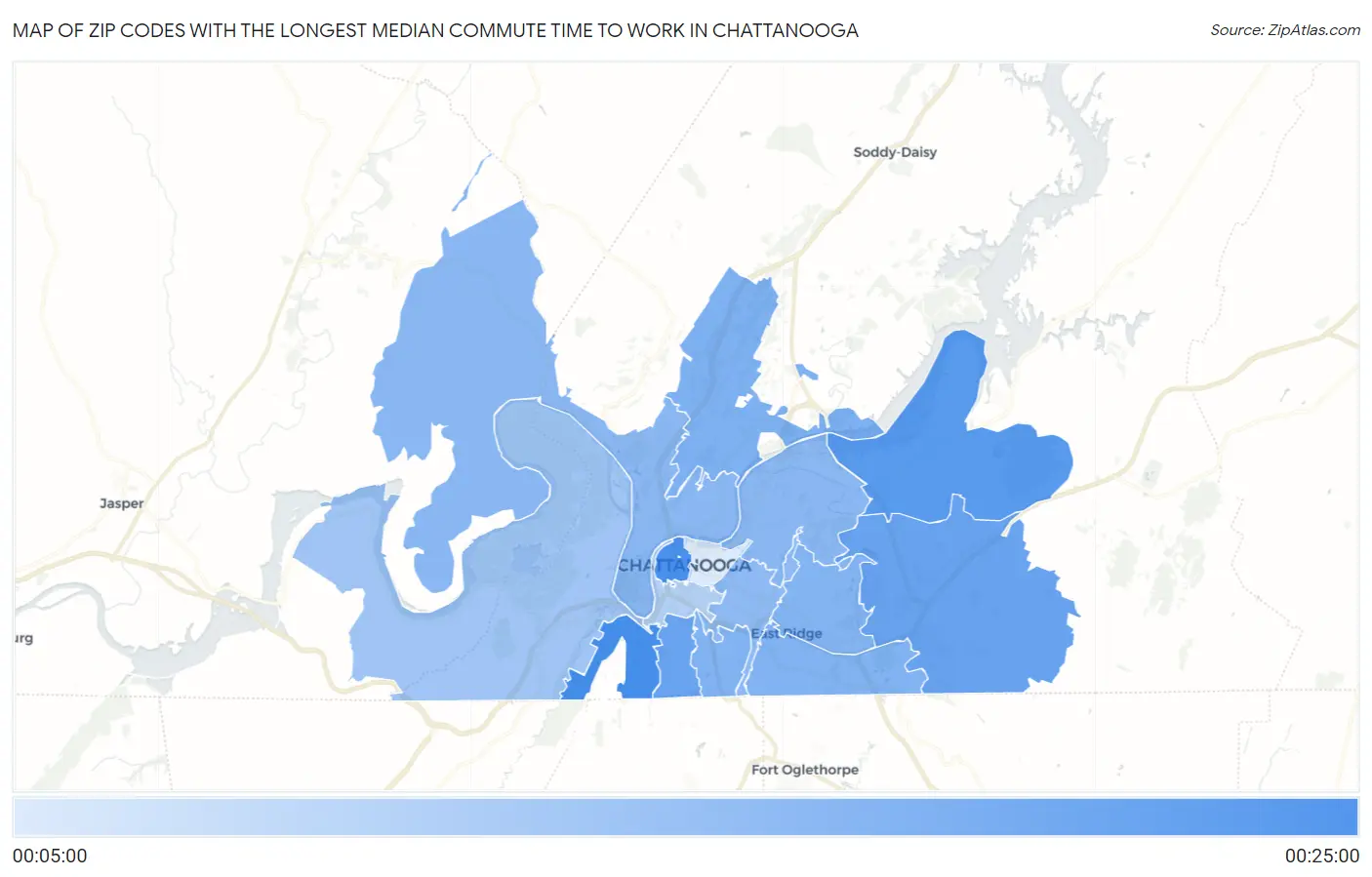Zip Codes with the Longest Median Commute Time to Work in Chattanooga Map