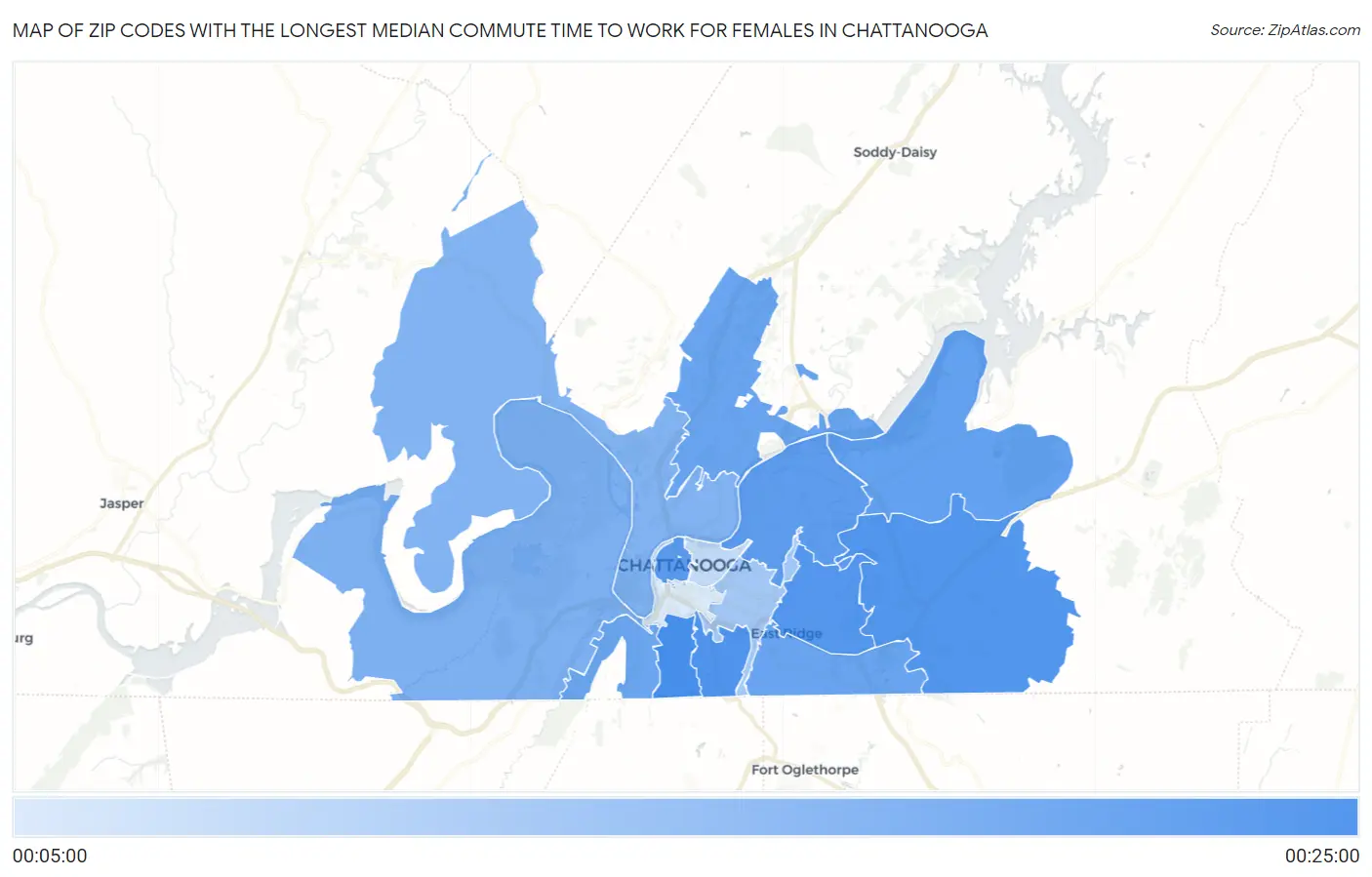 Zip Codes with the Longest Median Commute Time to Work for Females in Chattanooga Map
