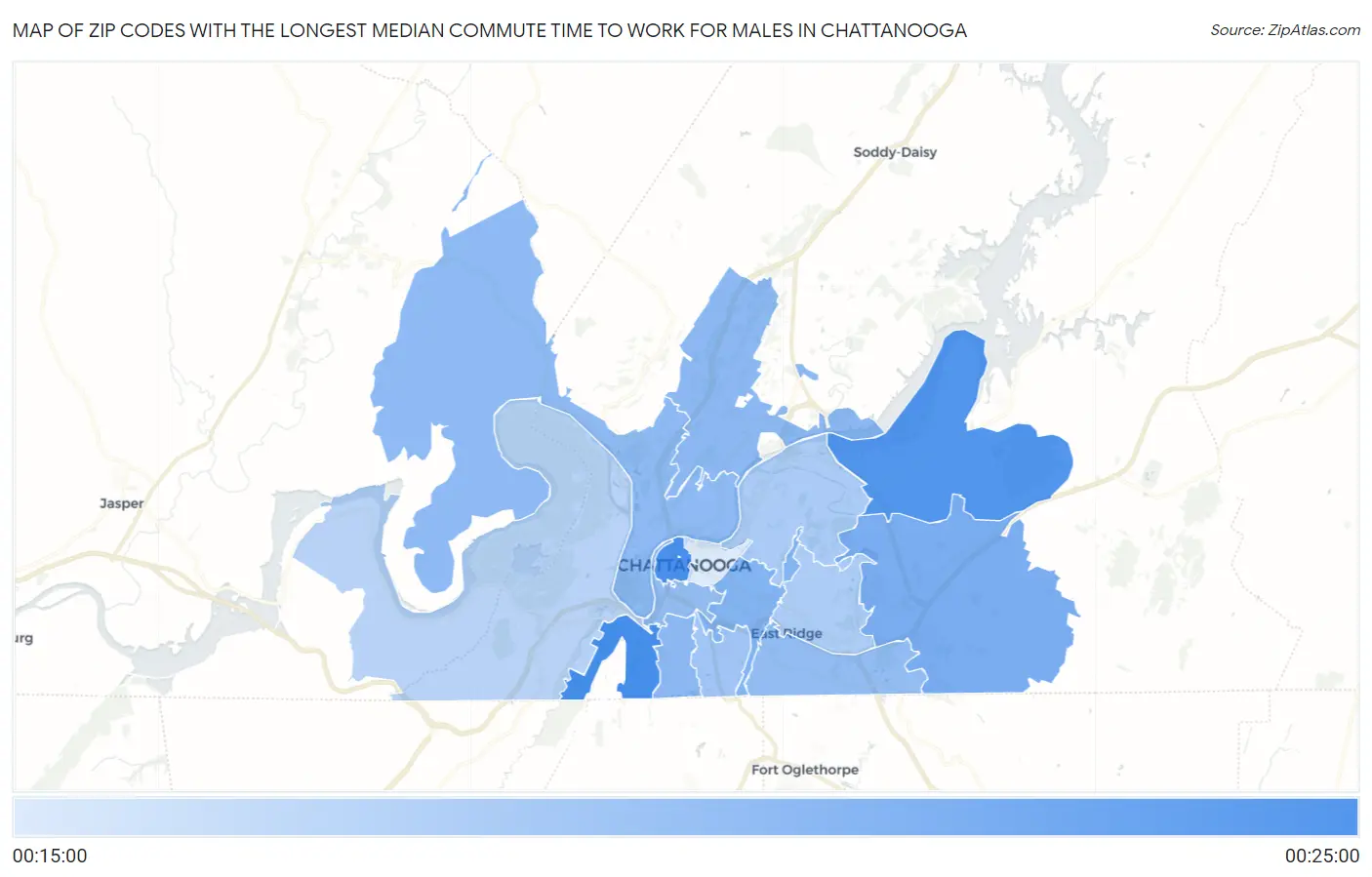 Zip Codes with the Longest Median Commute Time to Work for Males in Chattanooga Map