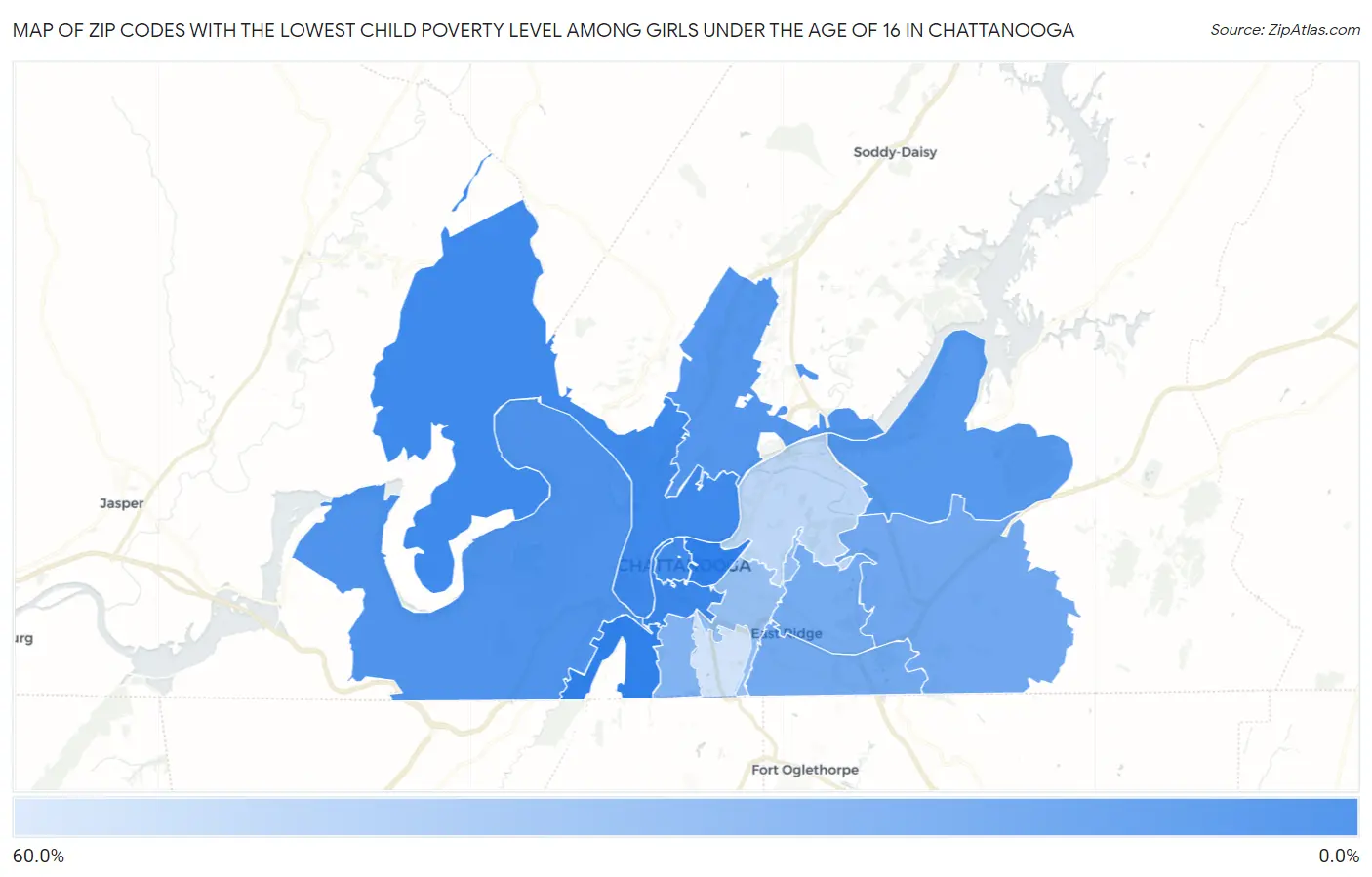 Zip Codes with the Lowest Child Poverty Level Among Girls Under the Age of 16 in Chattanooga Map