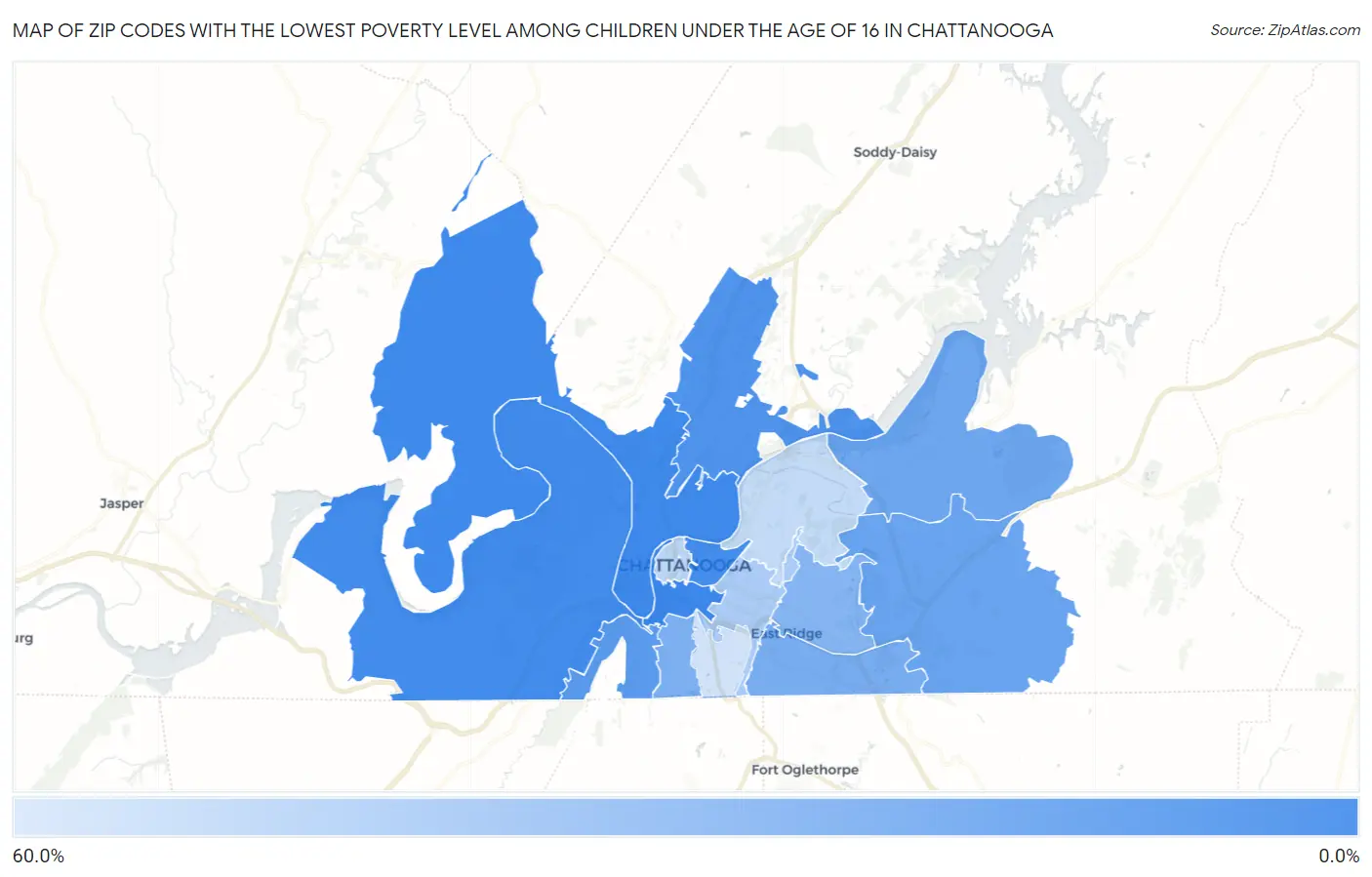 Zip Codes with the Lowest Poverty Level Among Children Under the Age of 16 in Chattanooga Map