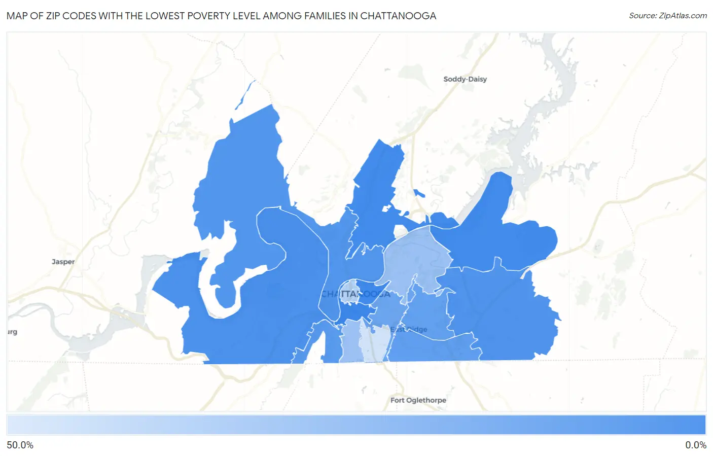 Zip Codes with the Lowest Poverty Level Among Families in Chattanooga Map